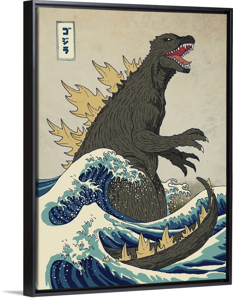 A digital illustration of Godzilla in the style of The Great Wave off Kanagawa.