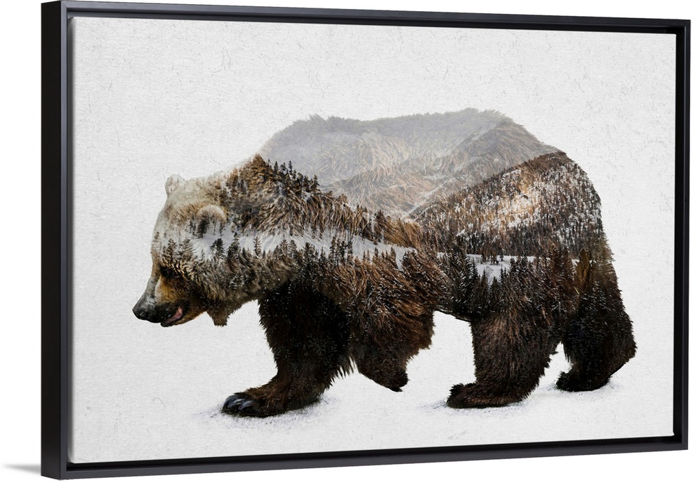 A contemporary piece of artwork of a wilderness scene withing the outline of a brown bear.