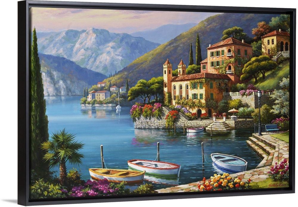 Contemporary painting of an idyllic rural European village scene.