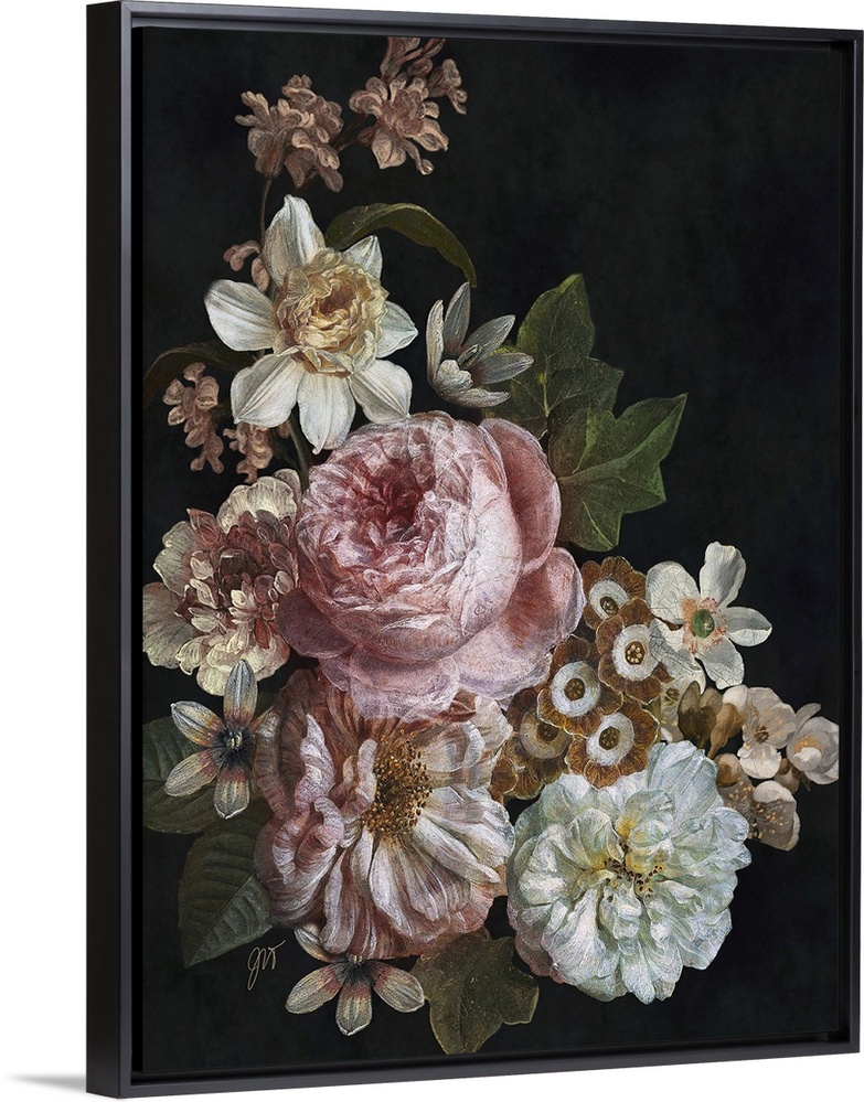 A cluster of beautiful old world flowers arranged over a dark background.