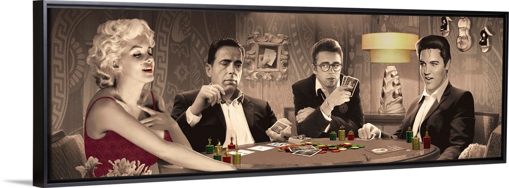 Painting of Marilyn Monroe, Humphrey Bogart, James Dean, and Elvis Presley playing cards together.