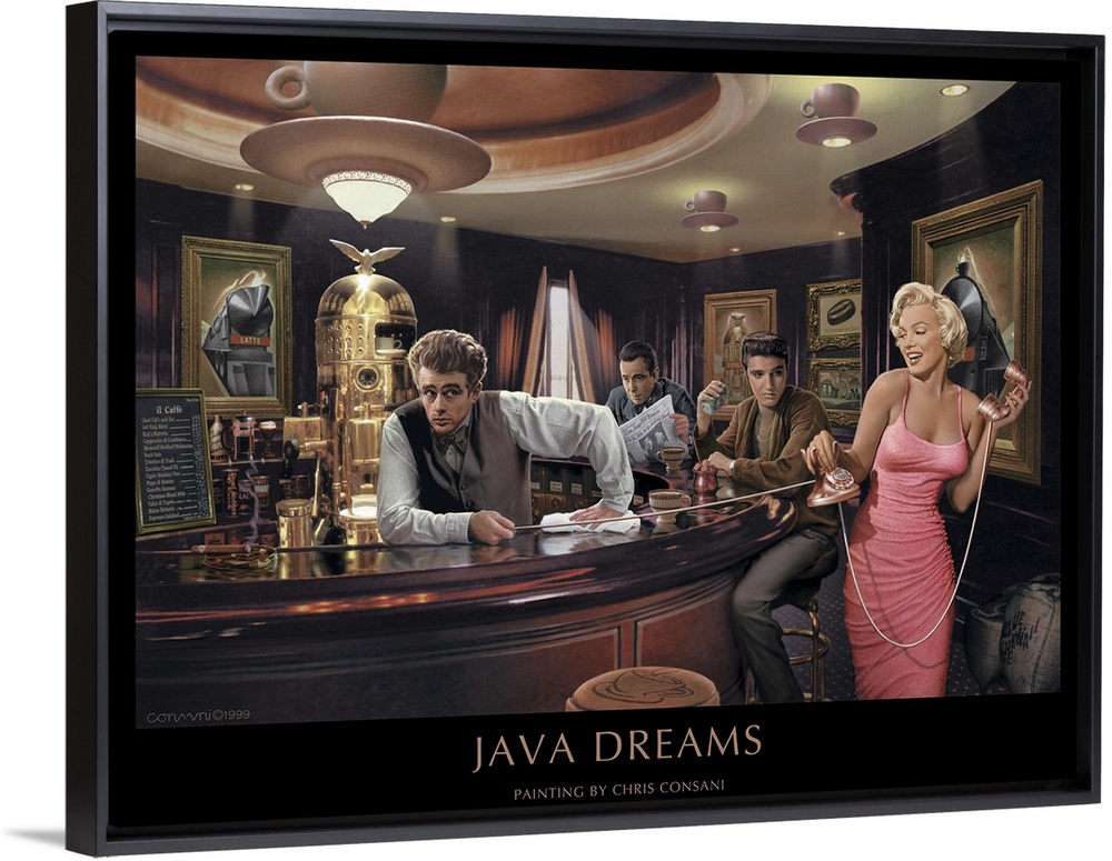 Painting of Marilyn Monroe in a coffee shop with James Dean as a barista.