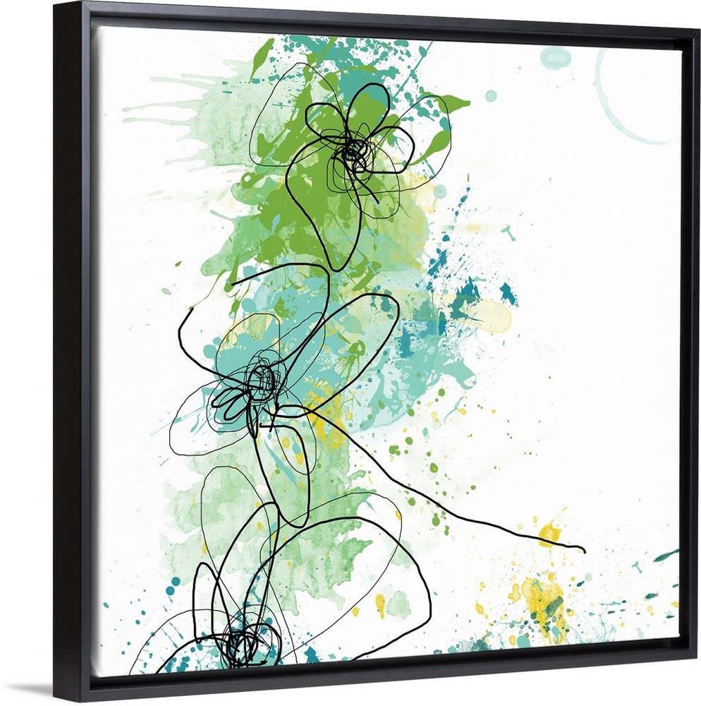 Big abstract floral art illustrated through lots of paint splashes and curved lines to represent the flowers.