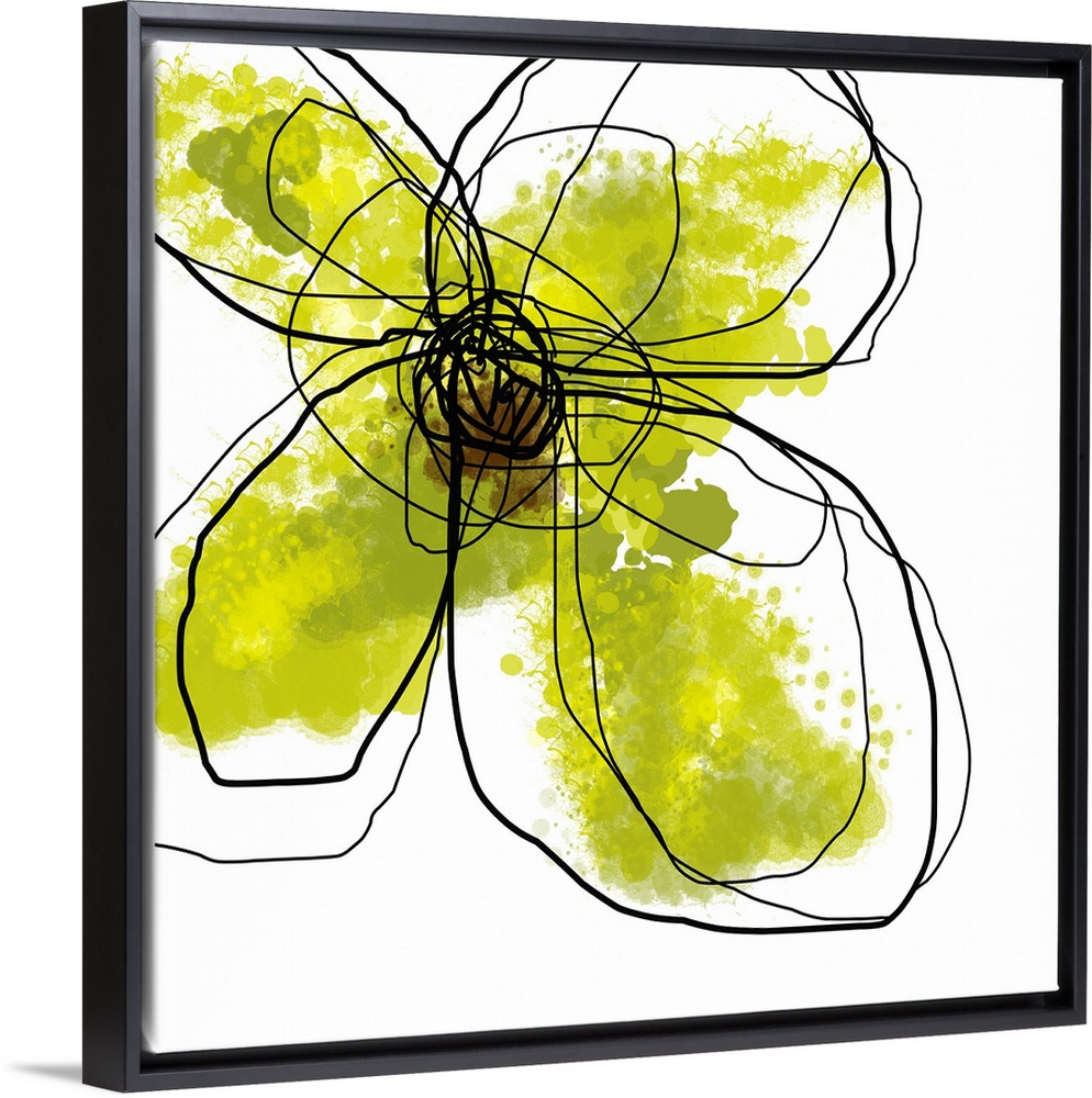 Oversized, contemporary, square wall hanging of large, splotchy green flower surrounded by scribbled dark lines on a solid...