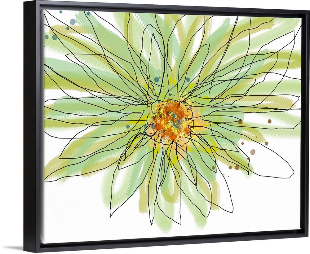 Big contemporary art illustration of a summer gerbera set in soft and cool tones.  Artist separates the outlines of leaves...