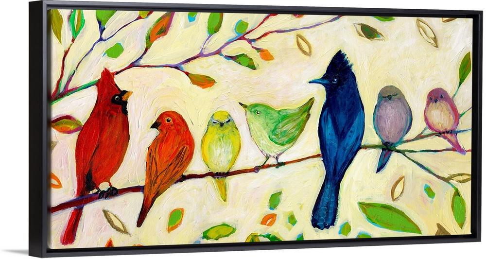 Seven birds that chromatically shift from warm to cool colors sitting on a tree branch in this decorative accent artwork f...