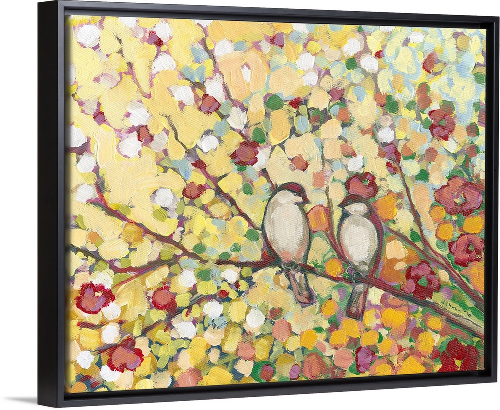 Giant floral art displays two birds sharing a tree branch surrounded by colorful leaves and cherry blossoms.  Artist uses ...