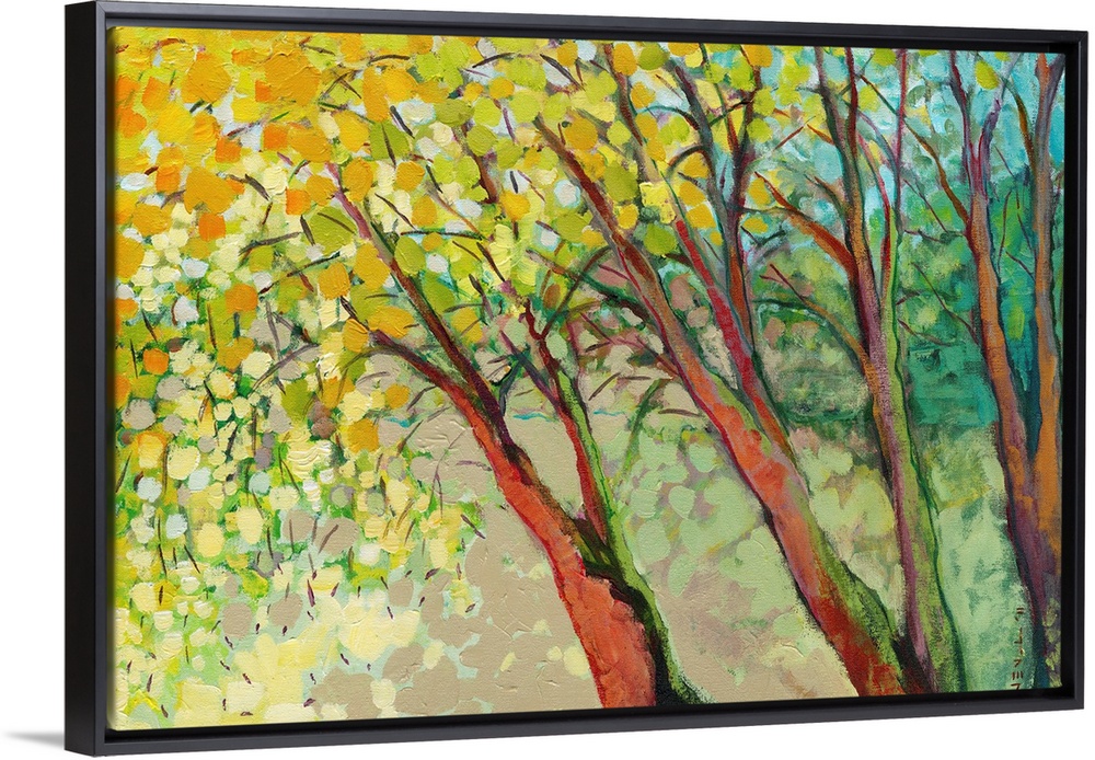 A contemporary impressionistic landscape of three painterly trees and abstract leaves made large brush strokes.