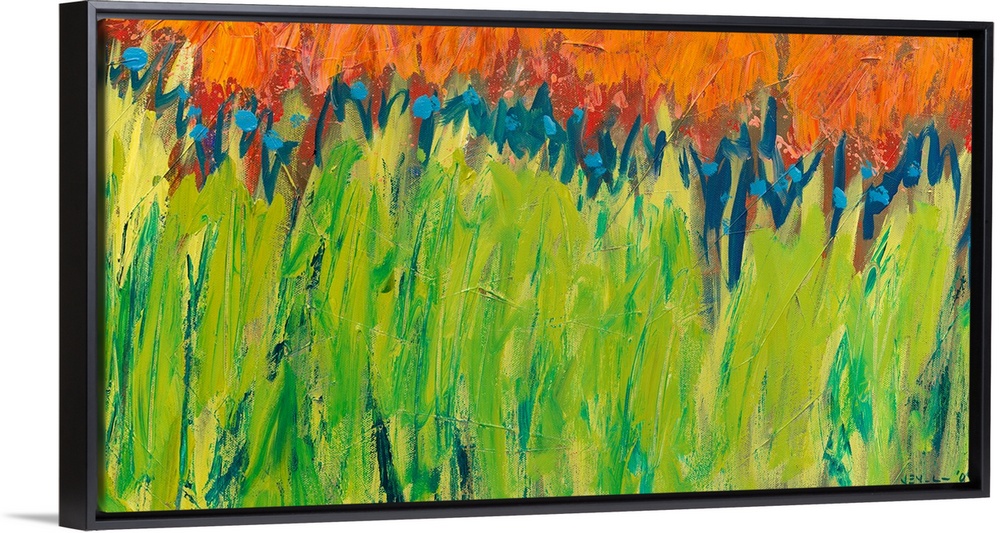 Home decor that is a wide contemporary, landscape painting with shapes and textures reminiscent of plant life.