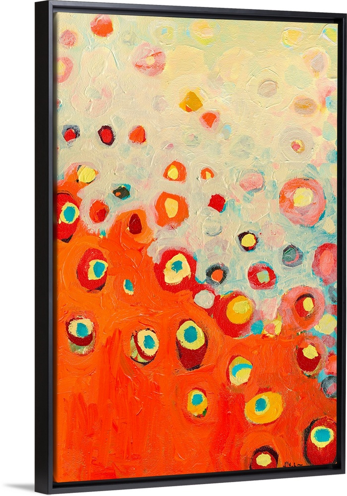 Vertical abstract painting from the Growing in the Valley series of floral images, with circular flowers randomly placed o...