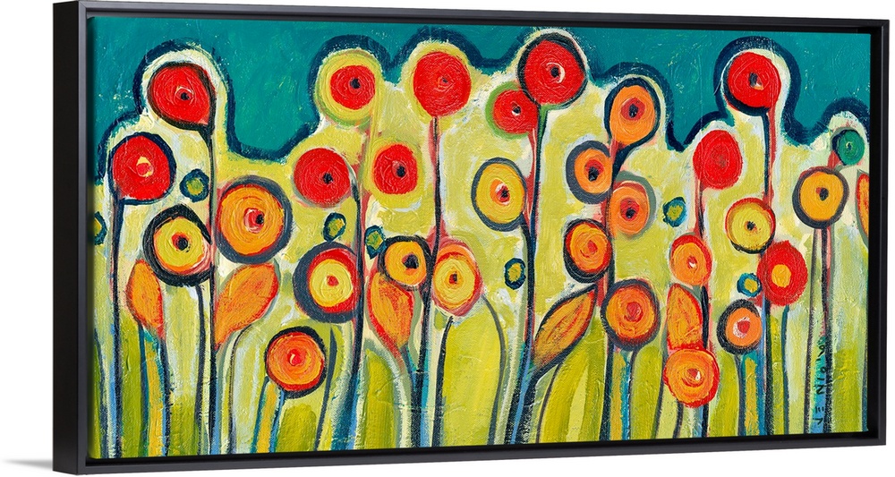 Abstract painting of circular flowers growing out of the ground.