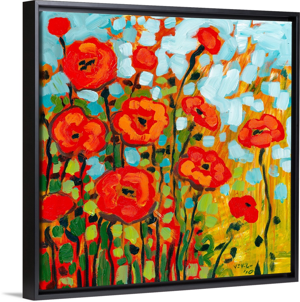 Thick brush strokes makes a cheerful still life of flowers with contrasting colors.