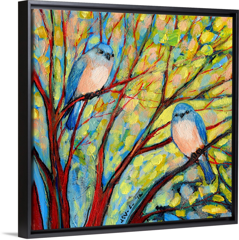 A contemporary, square painting with dry brush stroke textures of birds sitting in a stylized tree with large dabs of pain...