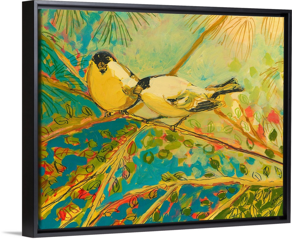 Large contemporary art displays two Goldfinches sitting on a tree branch during a sunny day.  Artist heavily uses lines to...