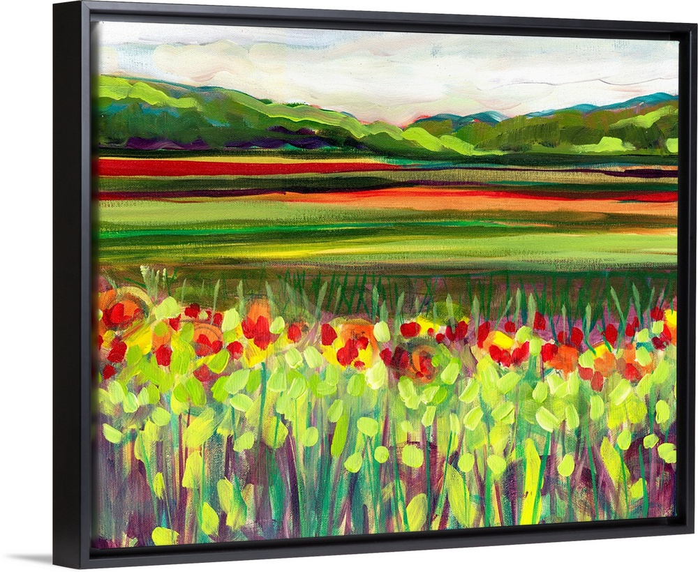 Large, landscape fine art painting of a meadow of wildflowers in front of a green hillside on the horizon.  Painted during...