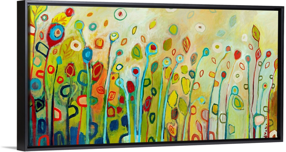 Large contemporary painting with vertical, multicolor flowers and leaves.