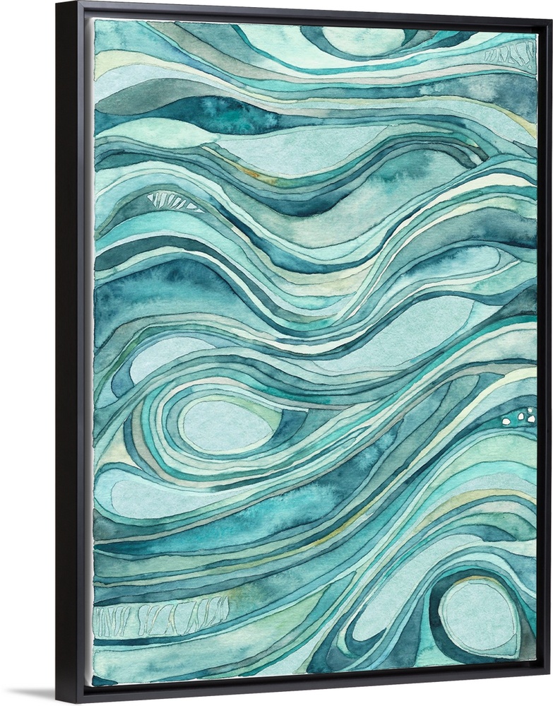 Contemporary abstract watercolor artwork in blue shades, resembling waves of flowing water.