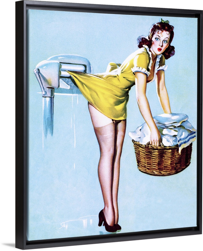 Vintage 50's illustration of a young woman doing laundry with her skirt caught in rollers.