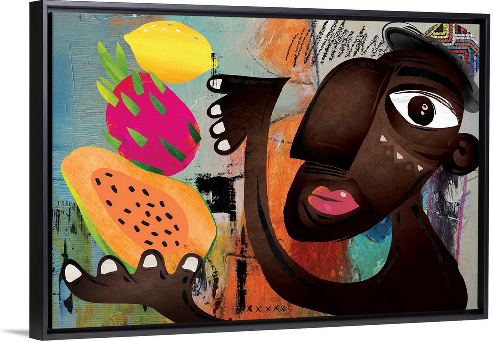 Modern and funky image featuring a dark-skinned man juggling various tropical fruits. Colorful, fun and fresh, this would ...