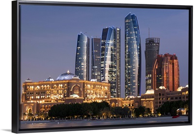 Abu Dhabi, Etihad Towers and Emirates Palace Hotel, dusk