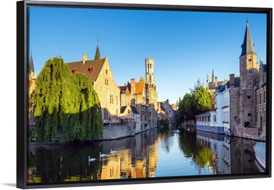 Belgium, Bruges. Belfort van Brugge and medieval buildings on the Dijver canal