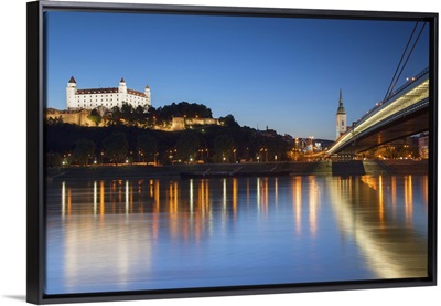 Bratislava Castle, St Martin's Cathedral and New Bridge at dusk, Bratislava, Slovakia