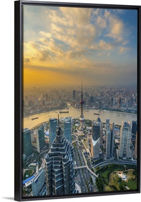 China, Shanghai, View over Pudong Financial District, Huangpu River beyond