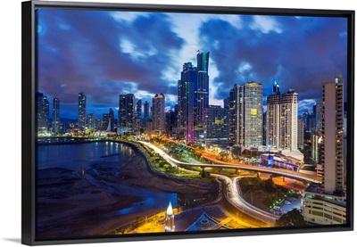 City skyline illuminated at dusk, Panama City, Panama, Central America