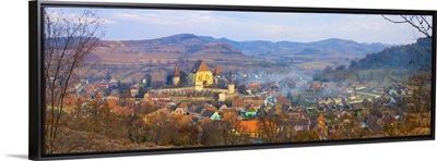 Elevated view over Biertan at sunset, Biertan, Transylvania, Romania