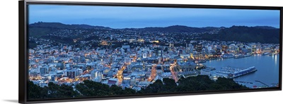 Elevated view over central Wellington illuminated at dusk, Wellington, New Zealand