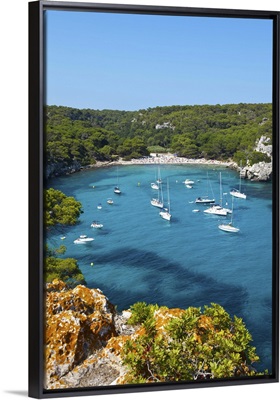 Elevated view over the beach of Cala Macarelleta, Menorca, Balearic Islands, Spain