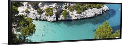 Elevated view over the beach of Cala Macarelleta, Menorca, Balearic Islands, Spain