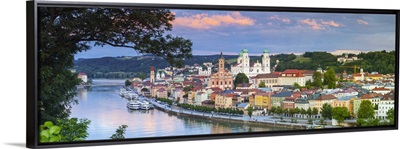 Elevated view towards the picturesque city of Passau at sunset, Germany
