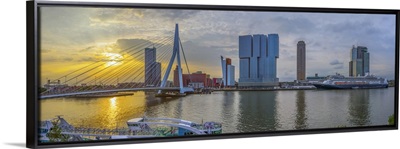 Erasmus Bridge and Wilhelminakade 137, De Rotterdam, The Rotterdam Building, Sunrise