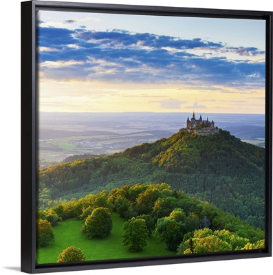 Hohenzollern Castle and countryside at sunset, Swabia, Baden Wuerttemberg, Germany