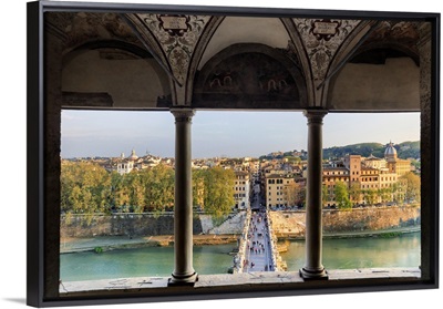Italy, Rome, Mausoleum of Hadrian  with Ponte dell'Angelo crossing Tevere river