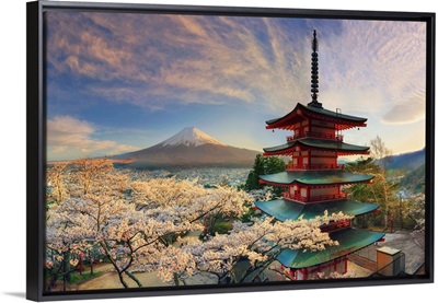 Japan, Yamanashi Prefecture, Fuji-Yoshida, Chureito Pagoda, Mt Fuji and Cherry Blossoms