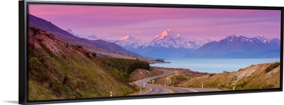 Mount Cook illuminated at sunset, Lake Pukaki, Canterbury, New Zealand