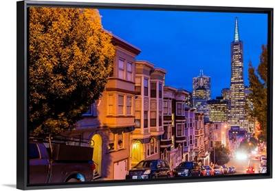 Night view of downtown skyline from North Beach district, San Francisco, California