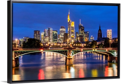 Night view of the financial district skyline, Frankfurt, Hesse, Germany