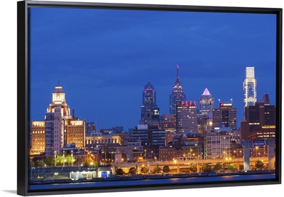 Pennsylvania, Philadelphia, city skyline from Camden New Jersey, dawn
