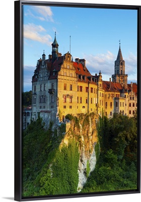 Sigmaringen Castle illuminated at sunset, Swabia, Baden Wurttemberg, Germany