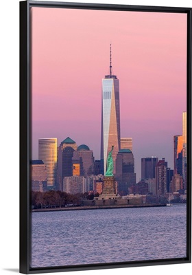 Statue of Liberty, One World Trade Center and Downtown Manhattan, New York