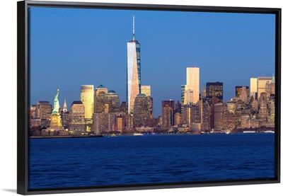 Statue of Liberty, One World Trade Center and Downtown Manhattan, New York