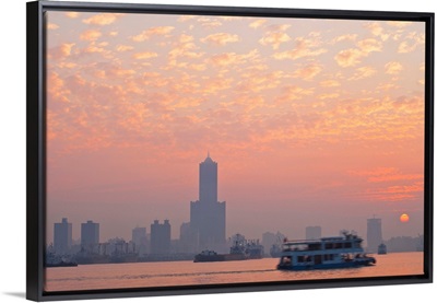 Taiwan, View of harbour looking towards the city and Kaoshiung 85 Sky Tower