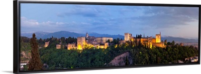 The Alhambra Palace illuminated at dusk, Granada, Granada Province, Andalucia, Spain