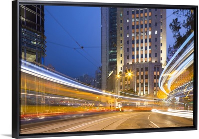 Trams passing Bank of China Building and HSBC Building, Central, Hong Kong, China