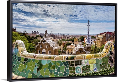 View from Parc Guell towards city, Barcelona, Catalonia, Spain