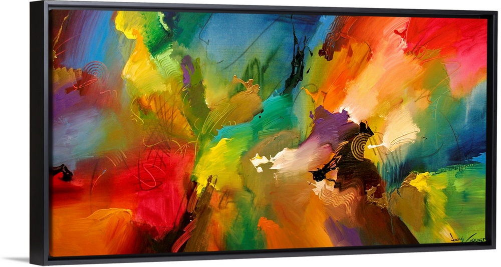 A large abstract painting displaying a multitude of colors and a variety of different textures.