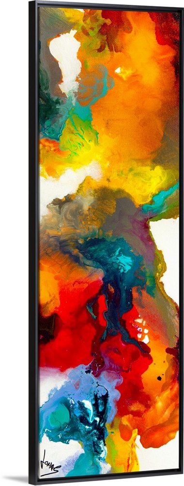 This is a narrow vertical panoramic shaped painting of a vivid blend of wet paints creating a swirling energy on the surfa...